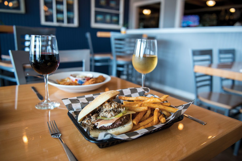 Low Tide Bar & Grill burger, fries and wine